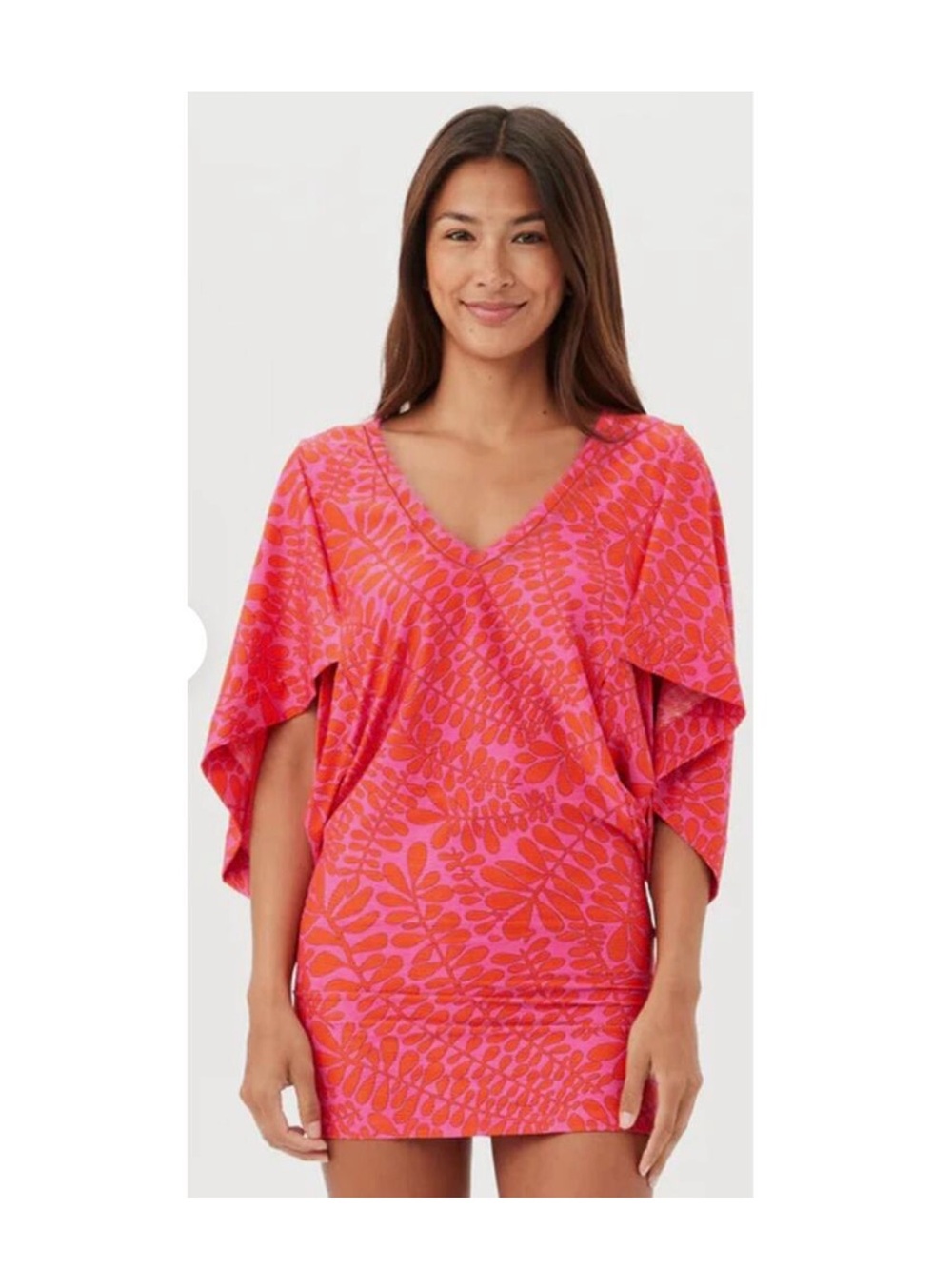 Trina Turk Leaf Print Kimono Sleeve Swim Coverup Pink/Red Size Large